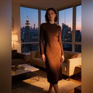 Nannette Lepore Espresso Knit Dress with gold accents by the shoulders Medium